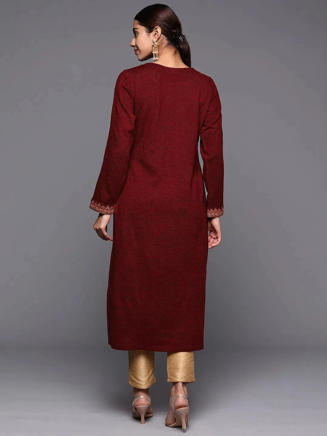 Maroon Embroidered Wool Straight Kurta - Libas