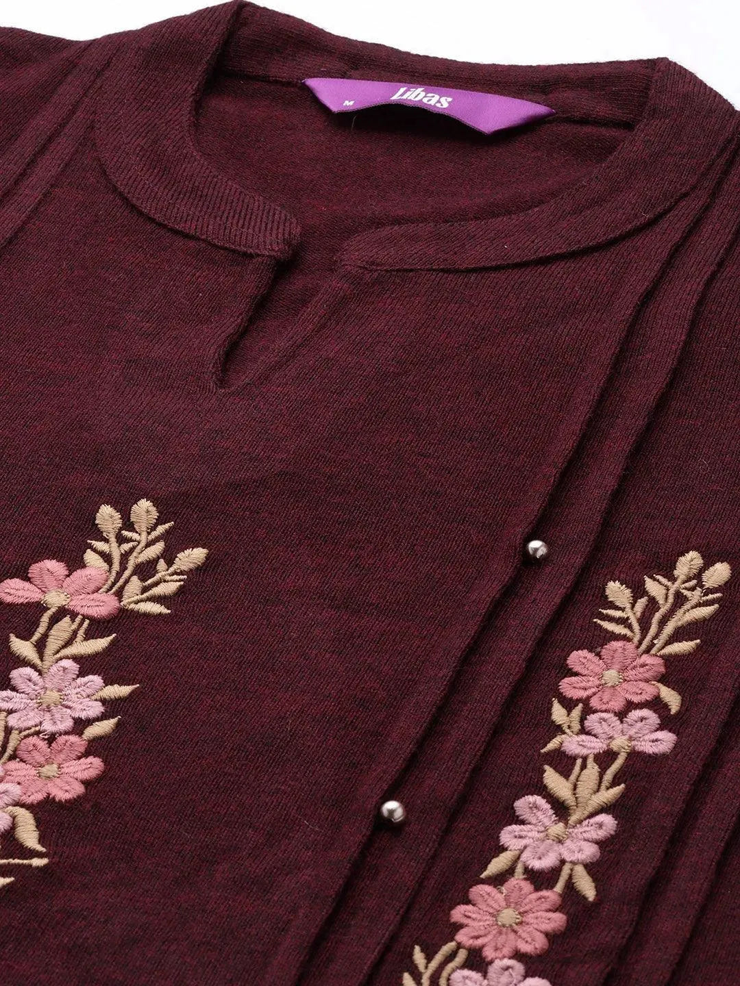 Maroon Embroidered Wool Straight Kurta - Libas