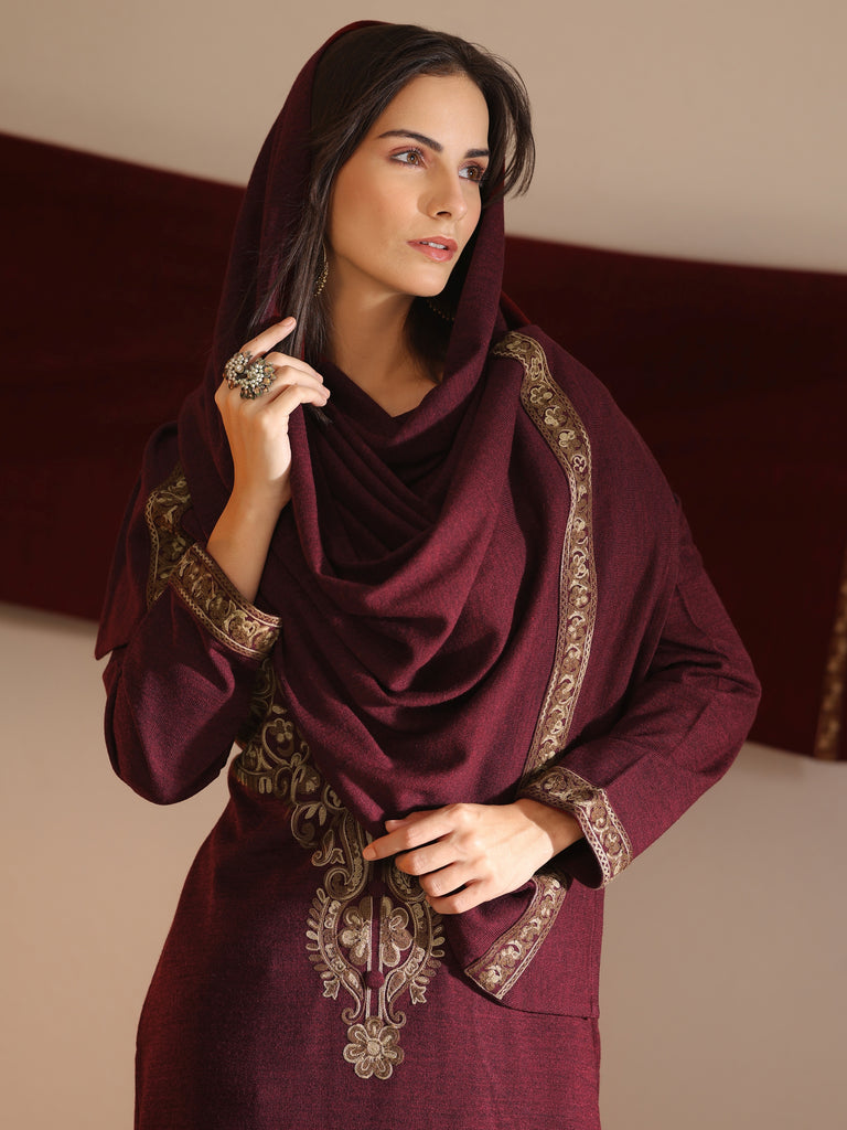 Libas Maroon Embroidered Wool Straight Suit Set With Dupatta
