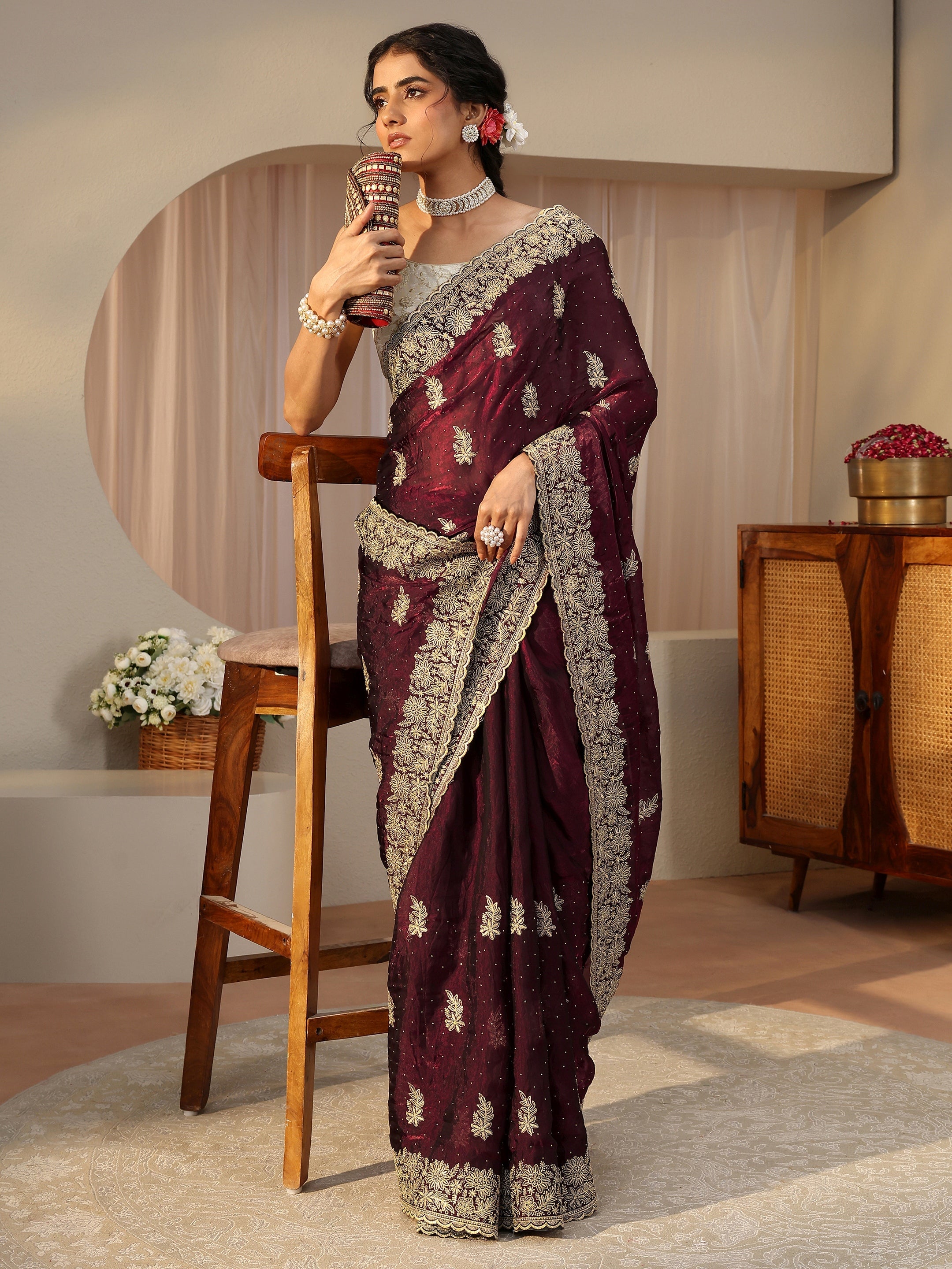 libas Maroon Ethnic Embellished Tissue Saree-picture-18
