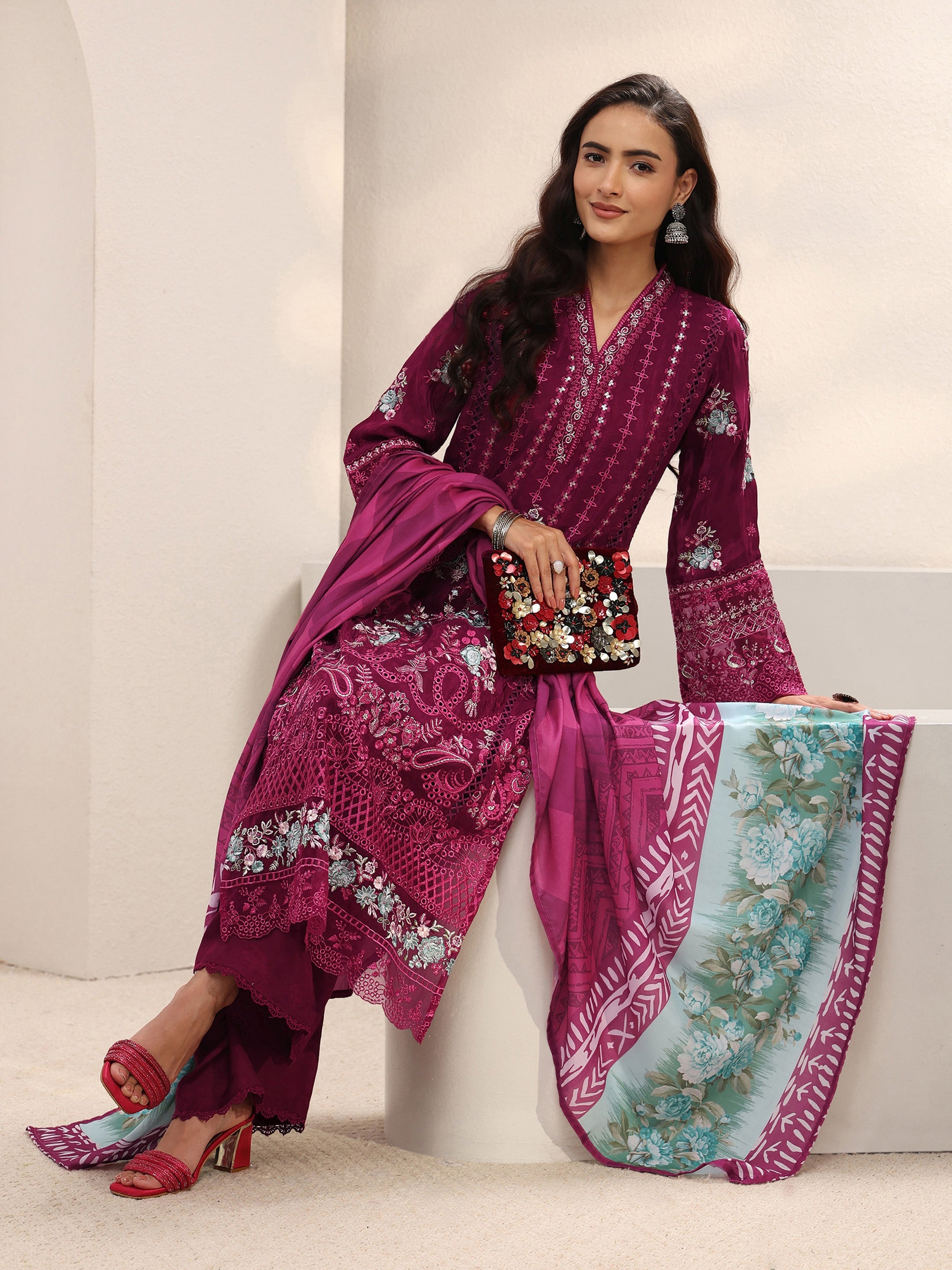 libas Maroon Ethnic Embroidered Silk Blend Straight Suit Set With Dupatta-picture-53