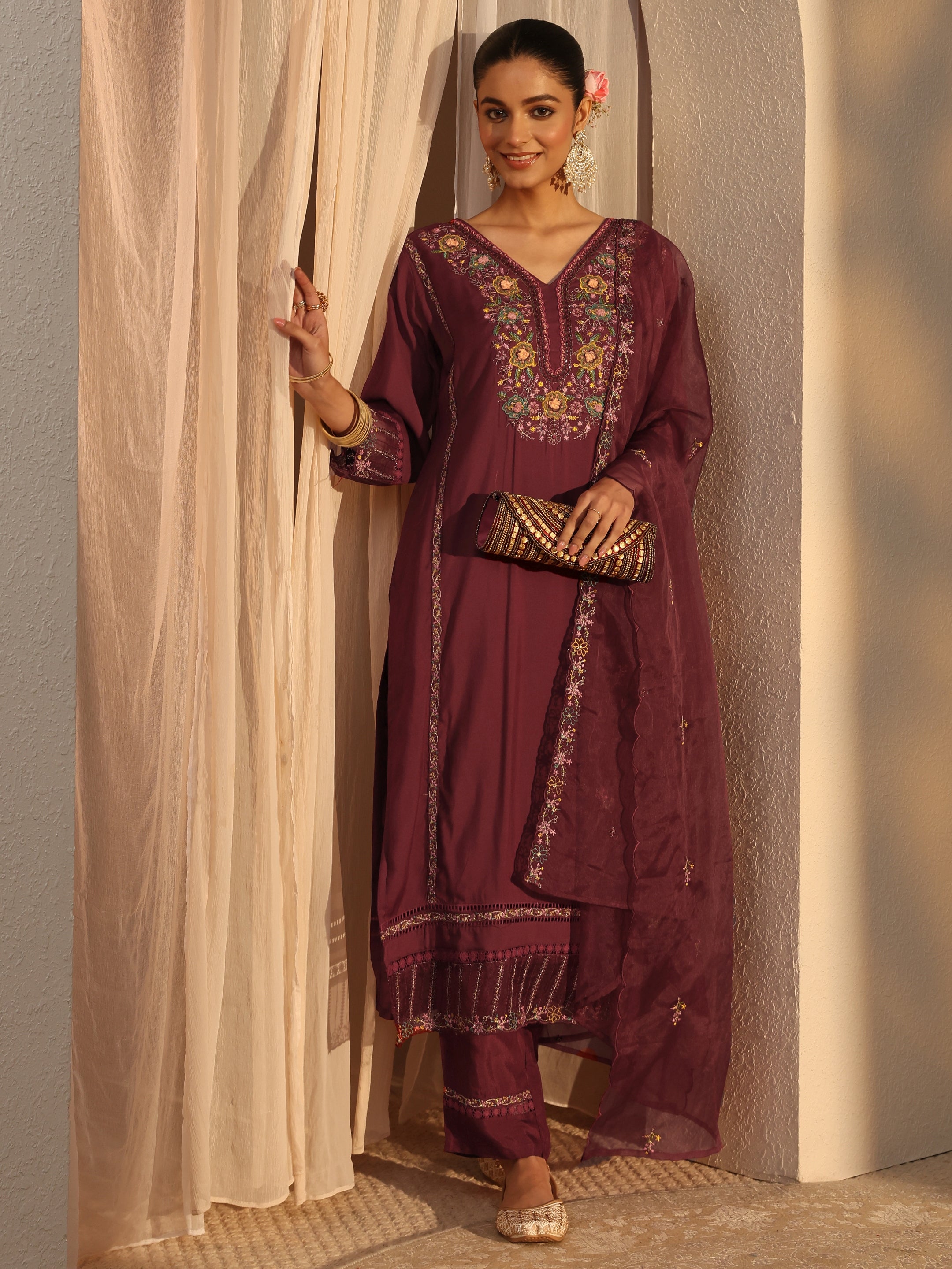 Maroon Ethnic Embroidered Silk Blend Straight Suits Set With Dupatta-image-19