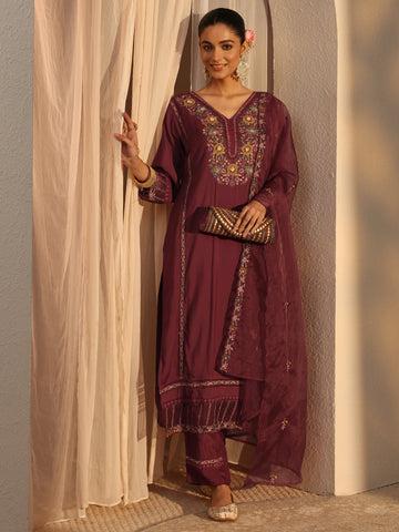 Maroon Ethnic Embroidered Silk Blend Straight Suits Set With Dupatta