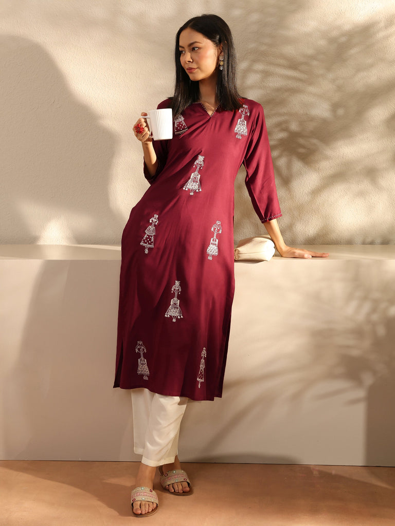 Libas Maroon Ethnic Motif Embroidered Rayon Straight Kurta