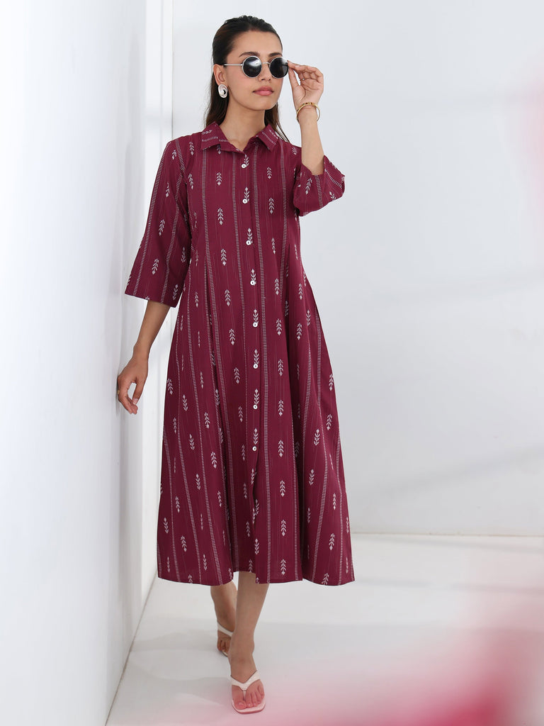 Gerua Maroon Ethnic Motif Woven Design Cotton Blend A-Line One Piece Dress