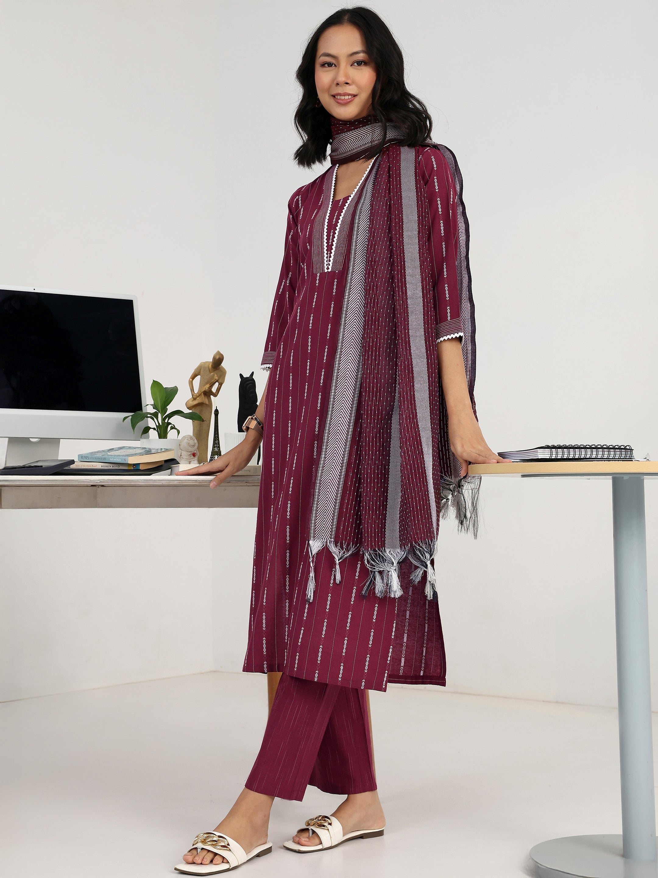 Maroon Ethnic Motif Woven Design Cotton Blend Straight Suit Set With Dupatta-image-49