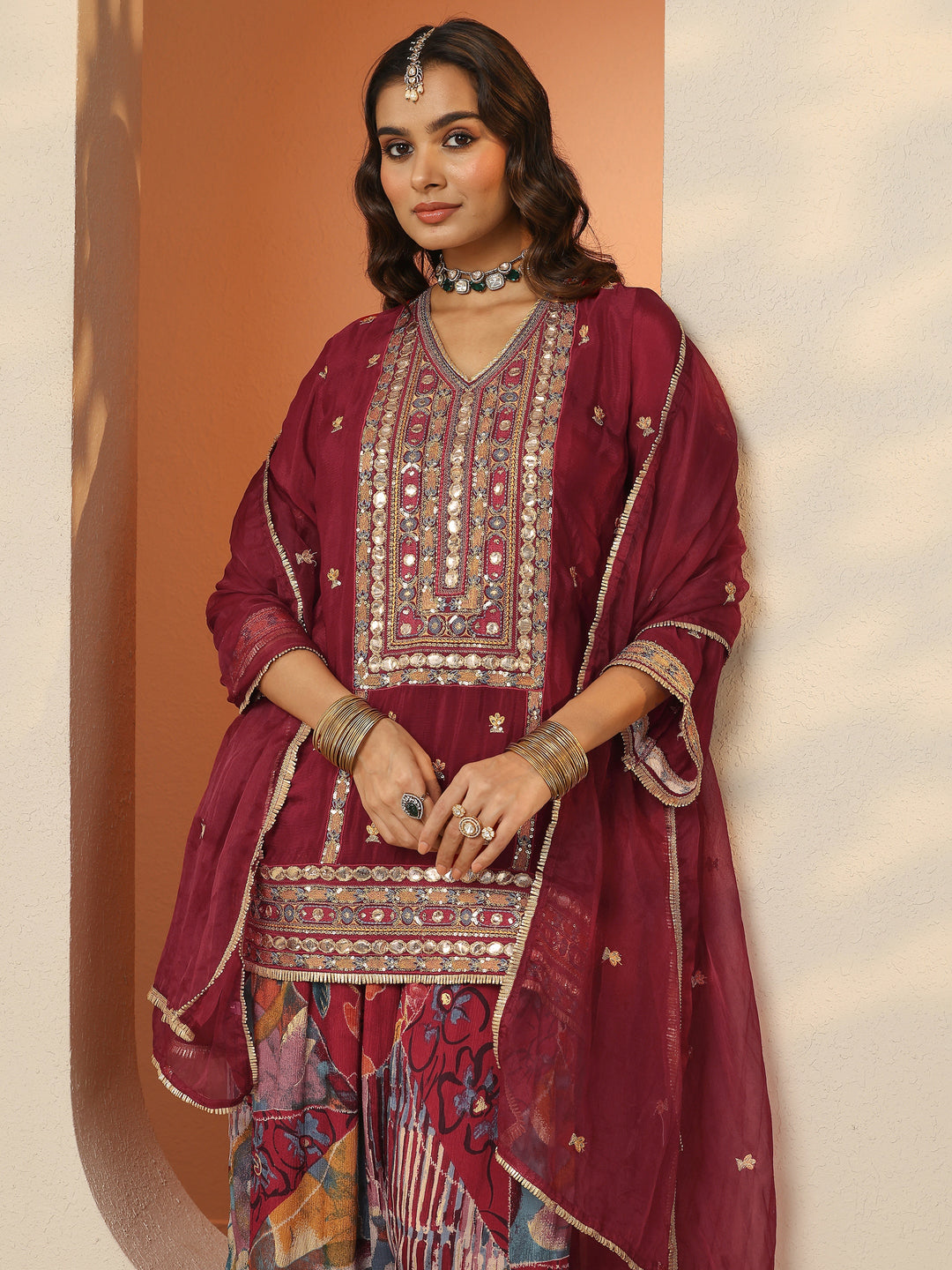Maroon Embellished Chinon Straight Suit Set With Dupatta
