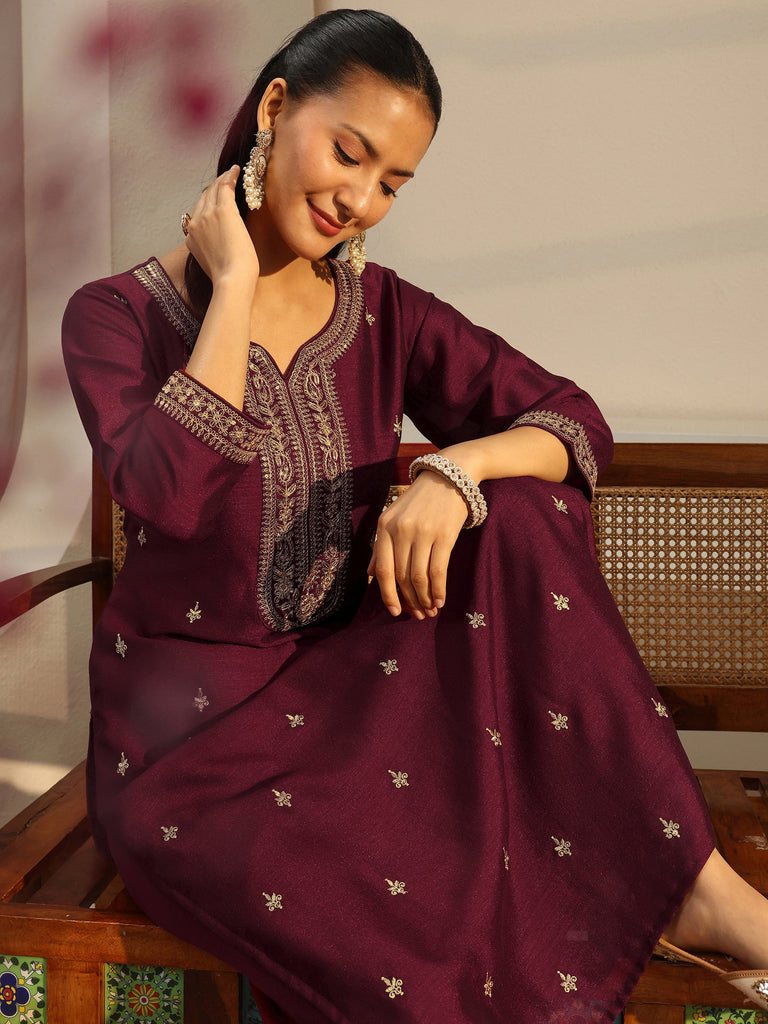 Libas Maroon Ethnic Embroidered Silk Blend Straight Kurta