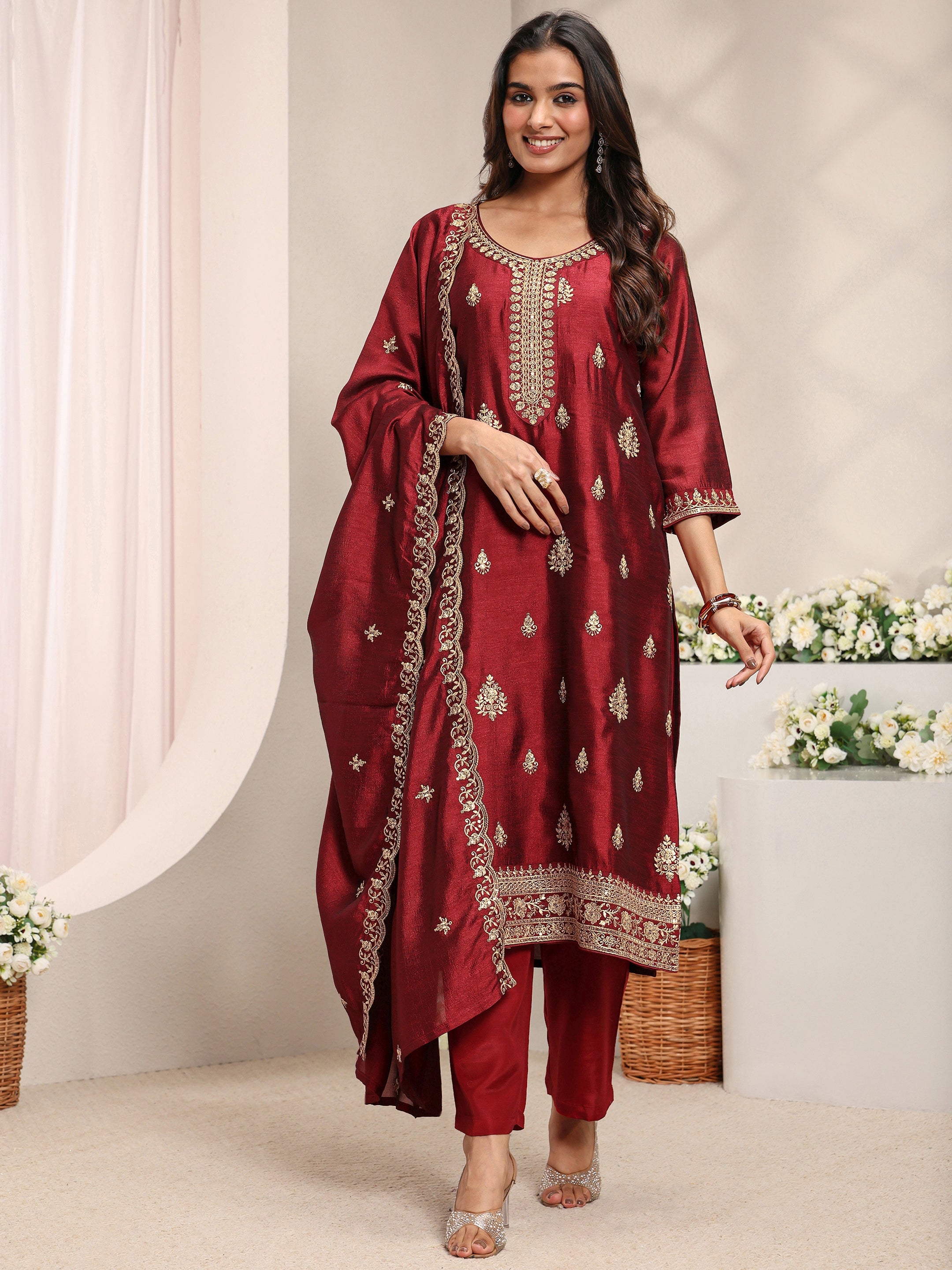 Maroon Ethnic Motifs Embroidered Silk Blend Straight Suit Set With Dupatta-image-15