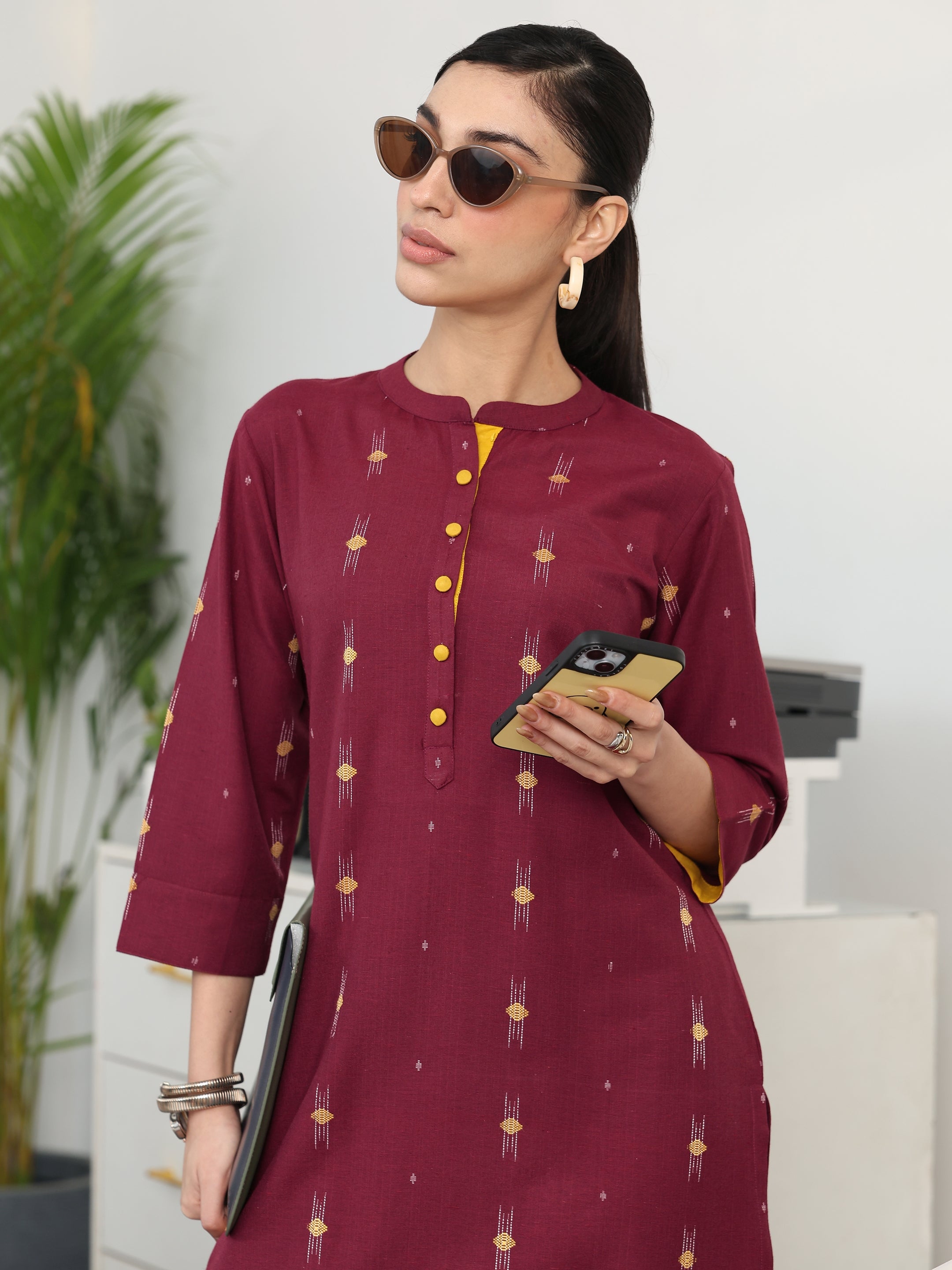 libas Maroon Ethnic Motifs Woven Design Cotton Blend Straight Kurta Set-picture-39