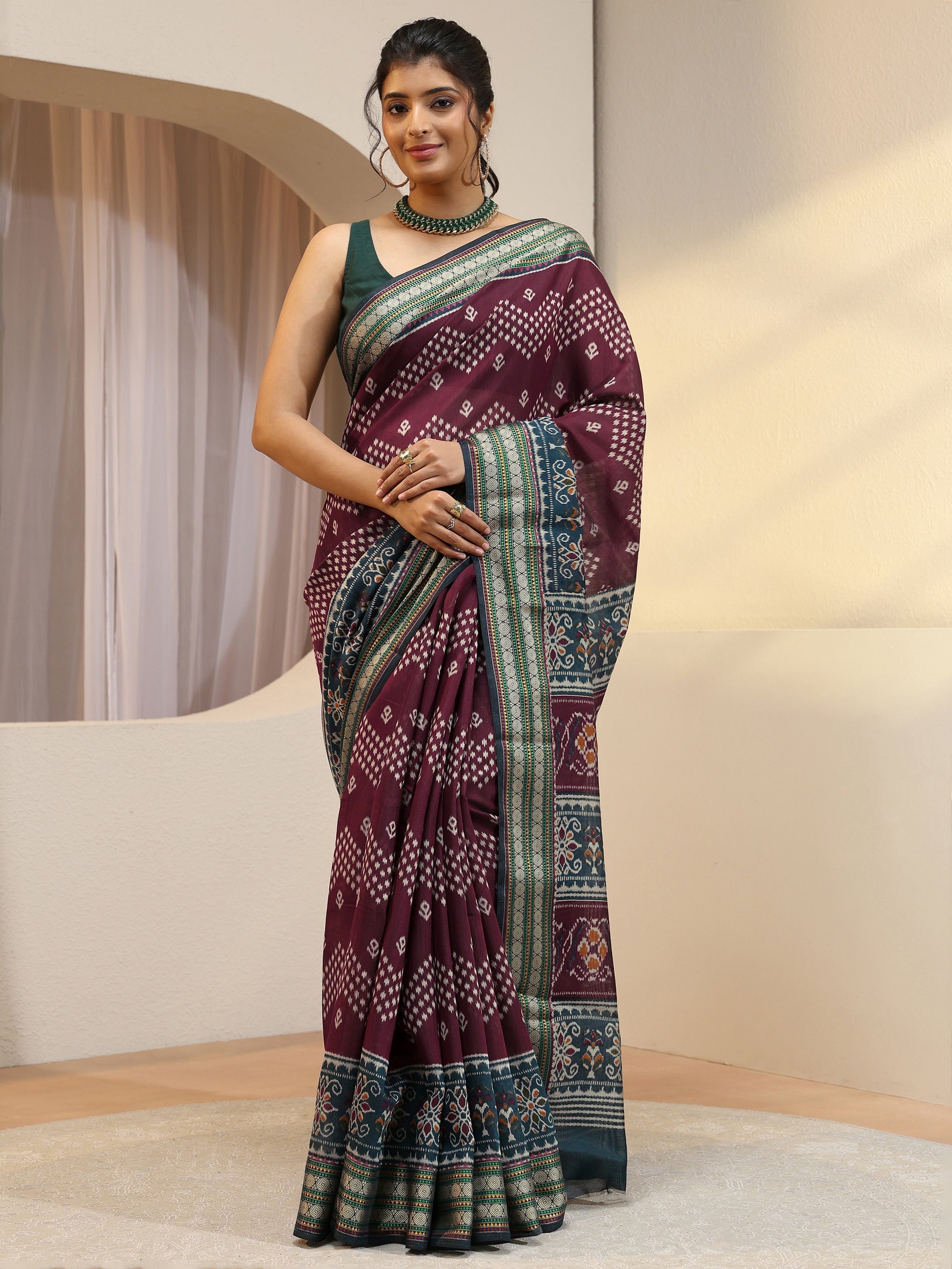 libas Maroon Ethnic Print Silk Blend Bomkai Saree-picture-19