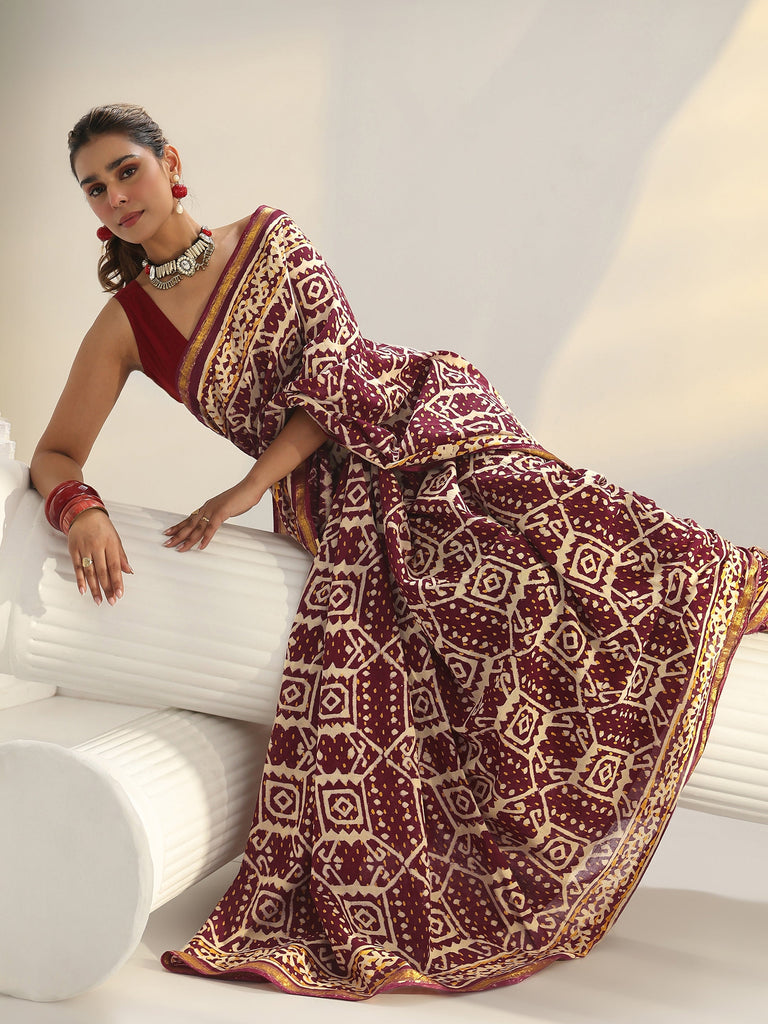 Libas Maroon Ethnic Printed Cotton Saree