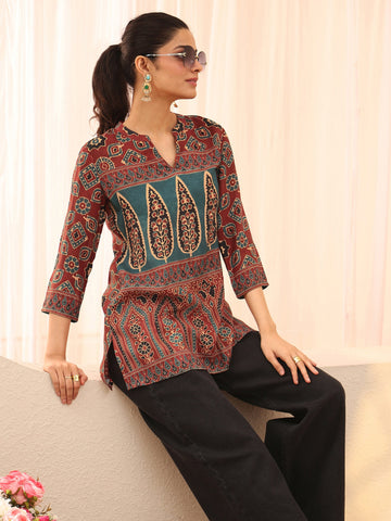 Maroon Ethnic Printed Muslin Straight Short Kurti