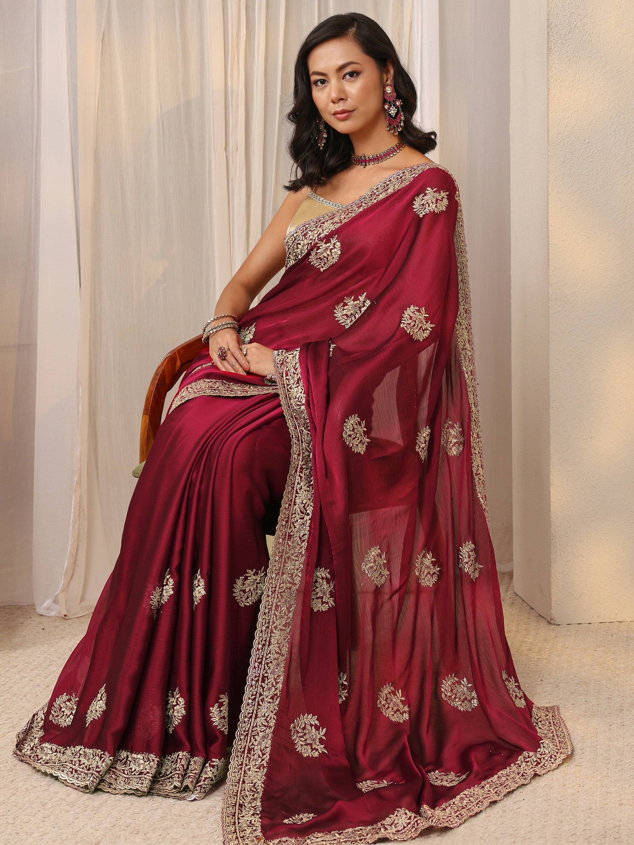 libas Maroon Floral Embellished Satin Saree With Unstitched Blouse Piece-picture-36