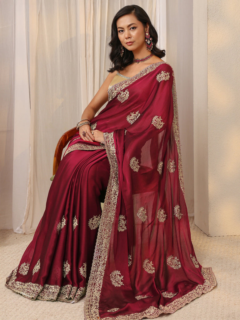 Libas Maroon Floral Embellished Satin Saree With Unstitched Blouse Piece