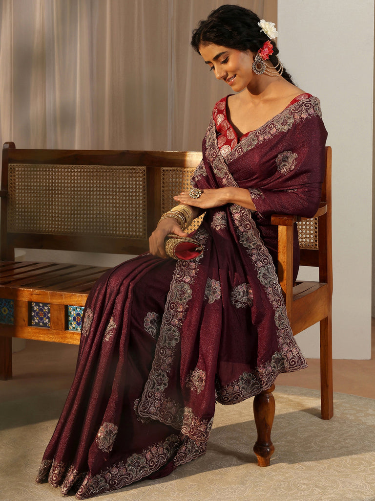 Libas Maroon Floral Embroidered Glossy Chiffon Saree
