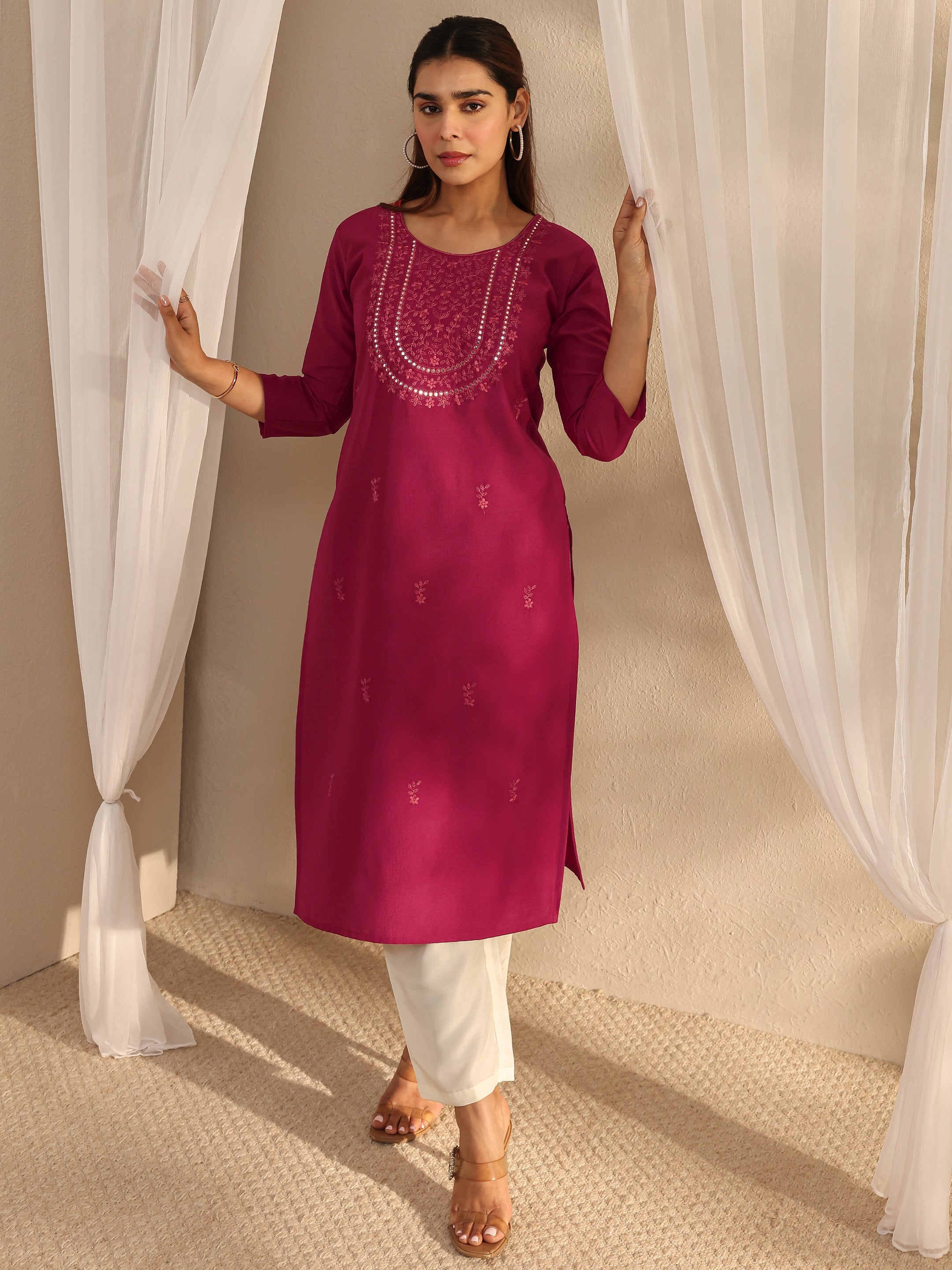 libas Maroon Floral Embroidered Silk Blend Straight Kurta-picture-11