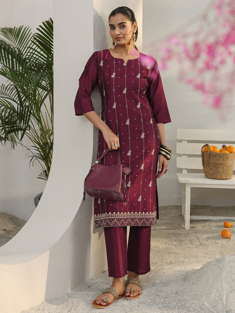Libas Maroon Floral Embroidered Silk Blend Straight Kurta Set