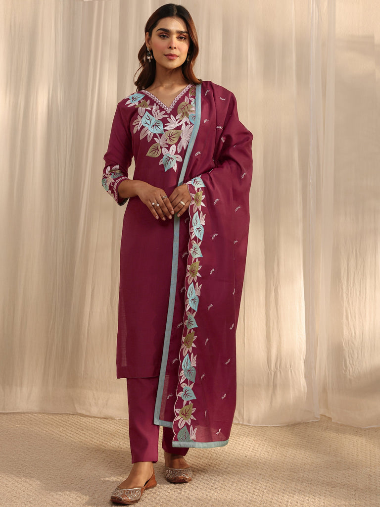 Libas Maroon Floral Embroidered Silk Blend Straight Suit Set With Dupatta