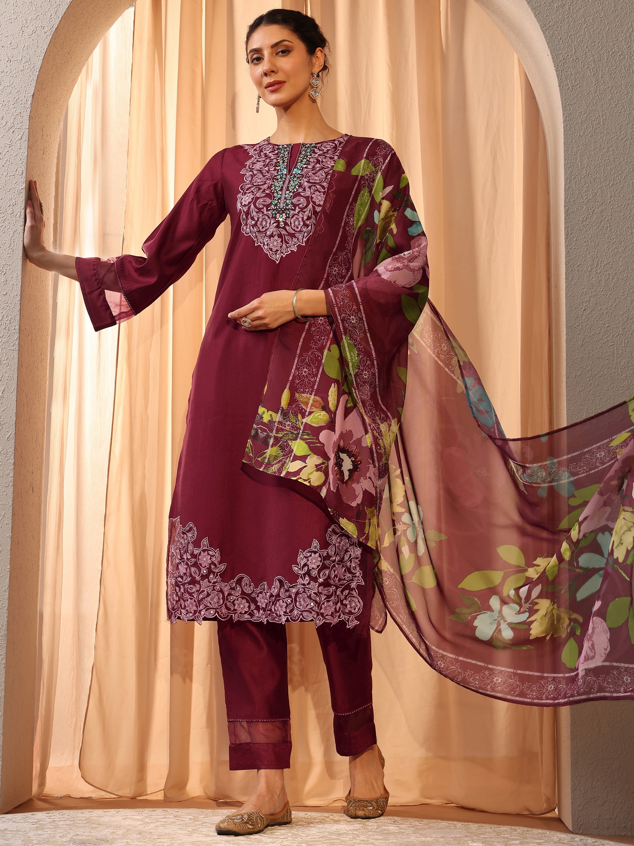 libas Maroon Floral Embroidered Silk Blend Straight Suit Set With Dupatta-picture-34