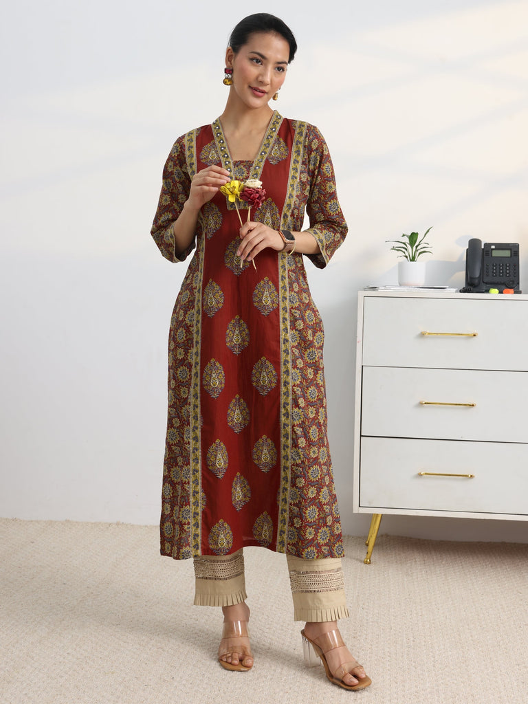 Gerua Maroon Floral Printed Cotton Blend Straight Kurta