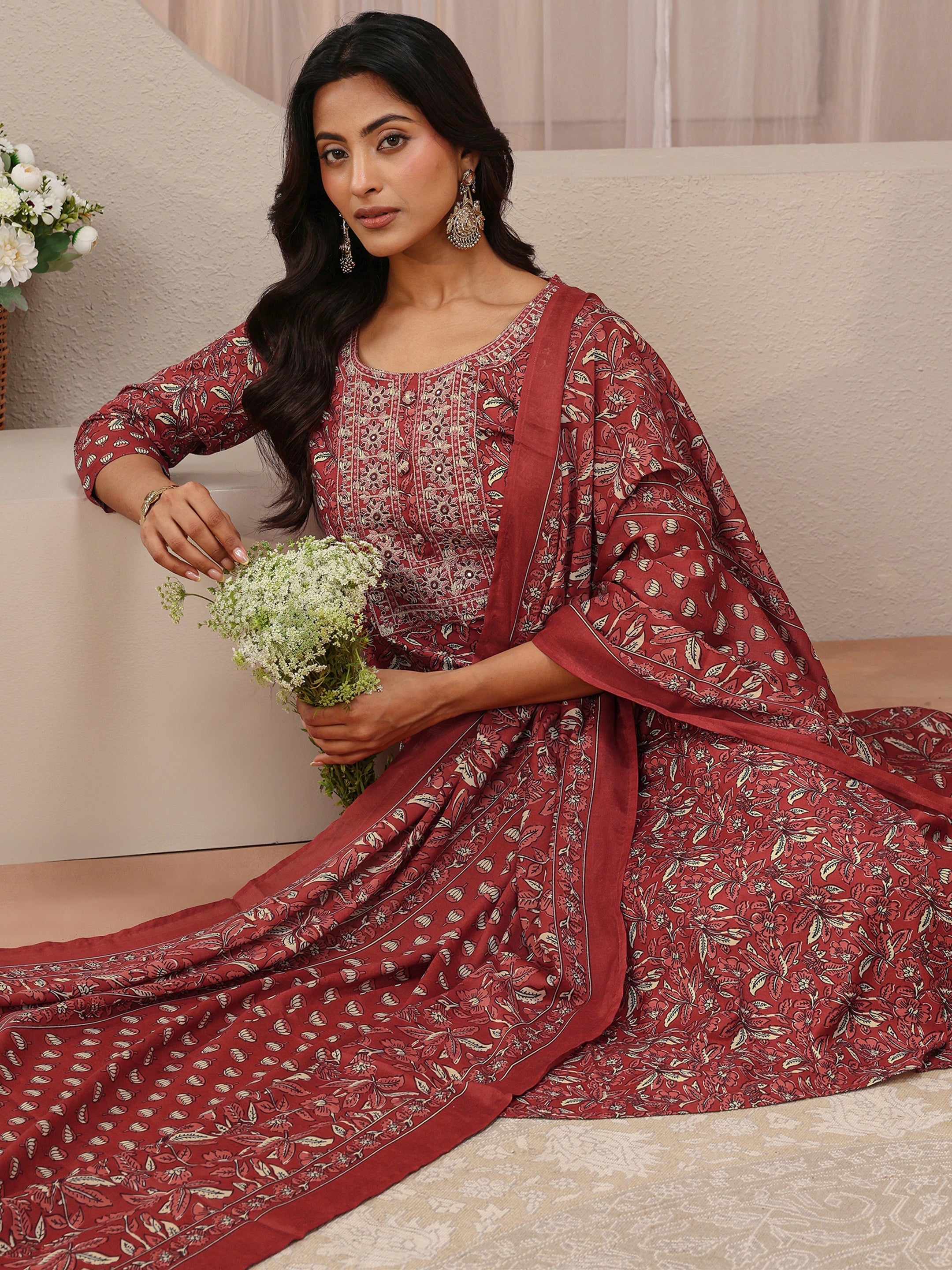 libas Maroon Floral Printed Cotton Blend Straight Suit Set-picture-15