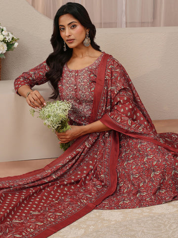 Maroon Floral Printed Cotton Blend Straight Suit Set