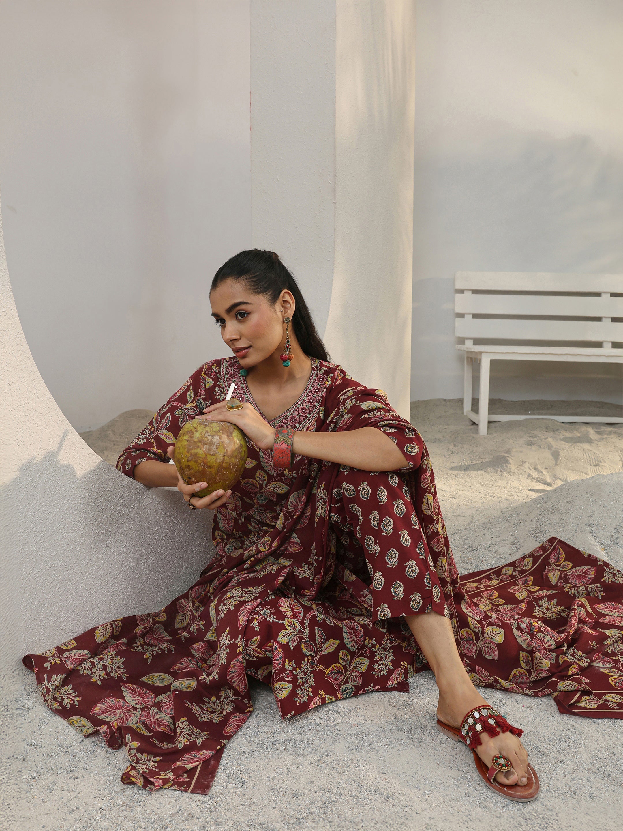 libas Maroon Floral Printed Cotton Blend Straight Suit Set With Dupatta-picture-14