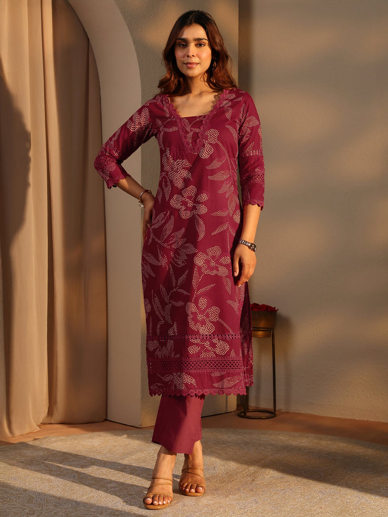 Libas Maroon Floral Printed Cotton Straight Kurta Set