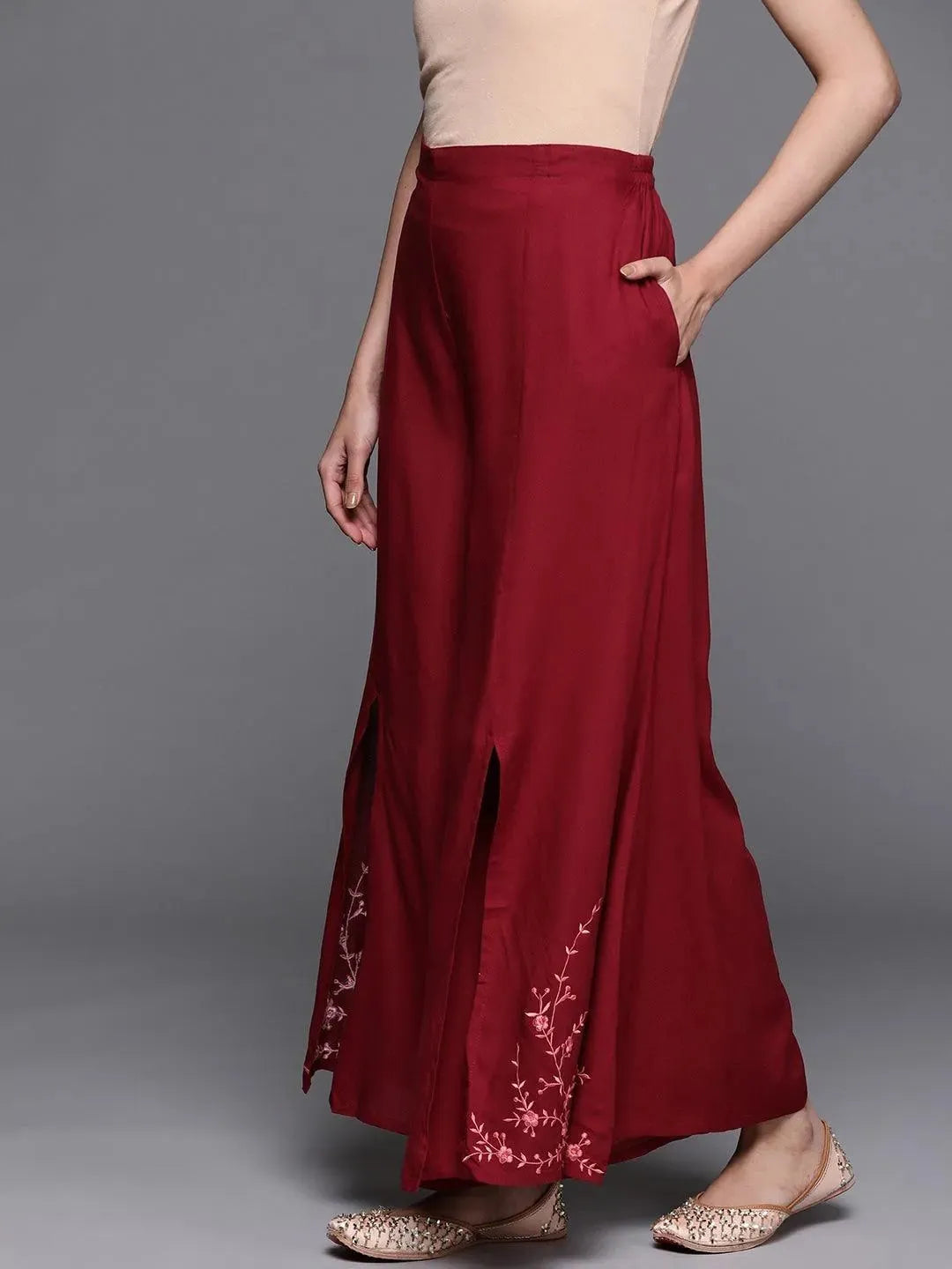 Maroon Hem Design Rayon Palazzos - Libas 