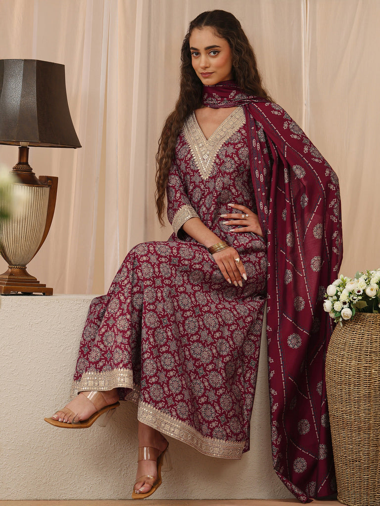 Libas Maroon Mandala Print Silk Blend Anarkali Suit Set