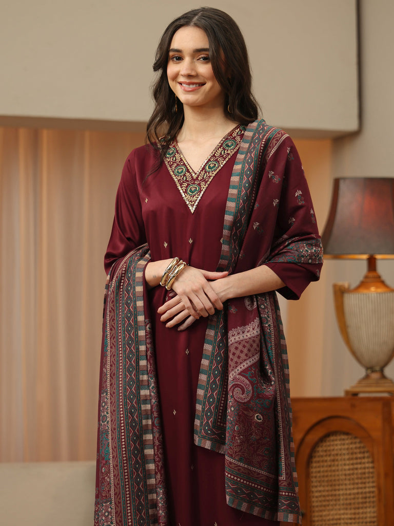 Libas Maroon Neck Embroidered Rayon Straight Suit Set