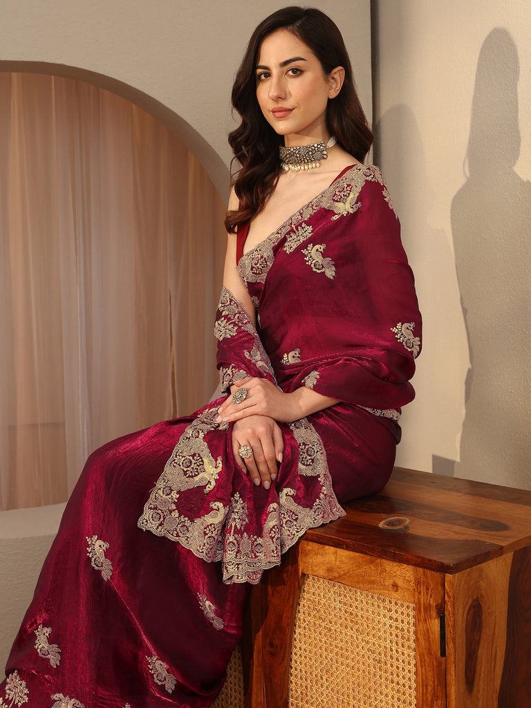 Libas Maroon Peacock Embroidered Tissue Saree