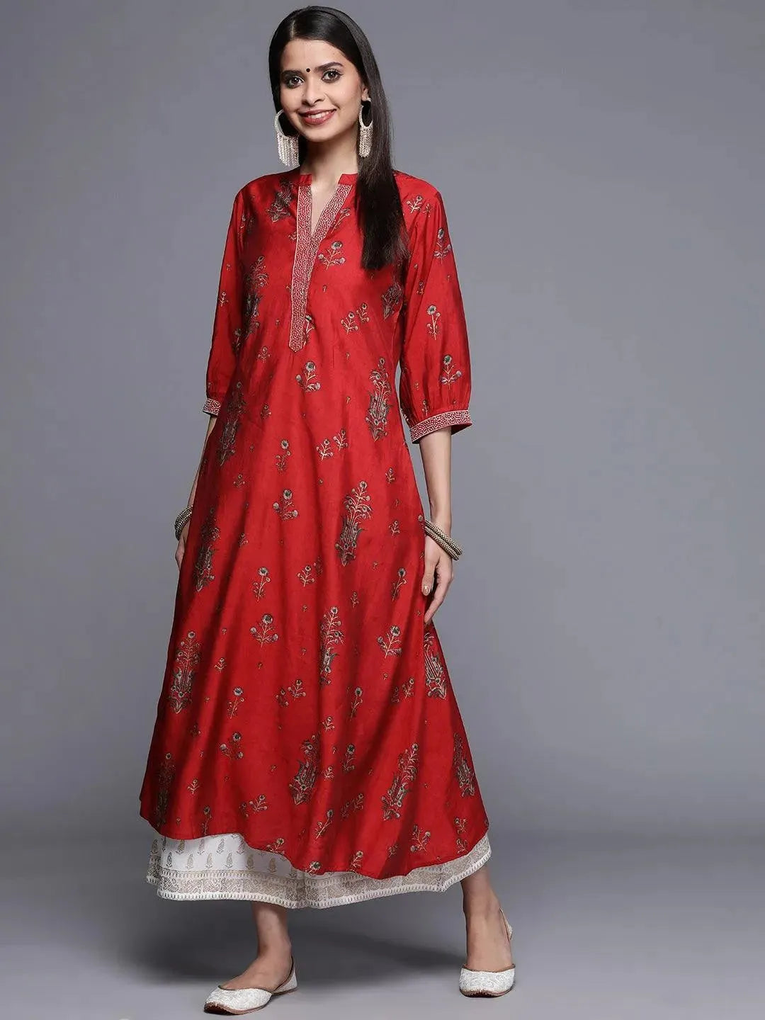 Maroon Printed Chanderi Silk Kurta - Libas