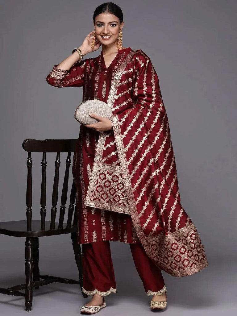 Libas Maroon Printed Chanderi Silk Straight Kurta With Dupatta