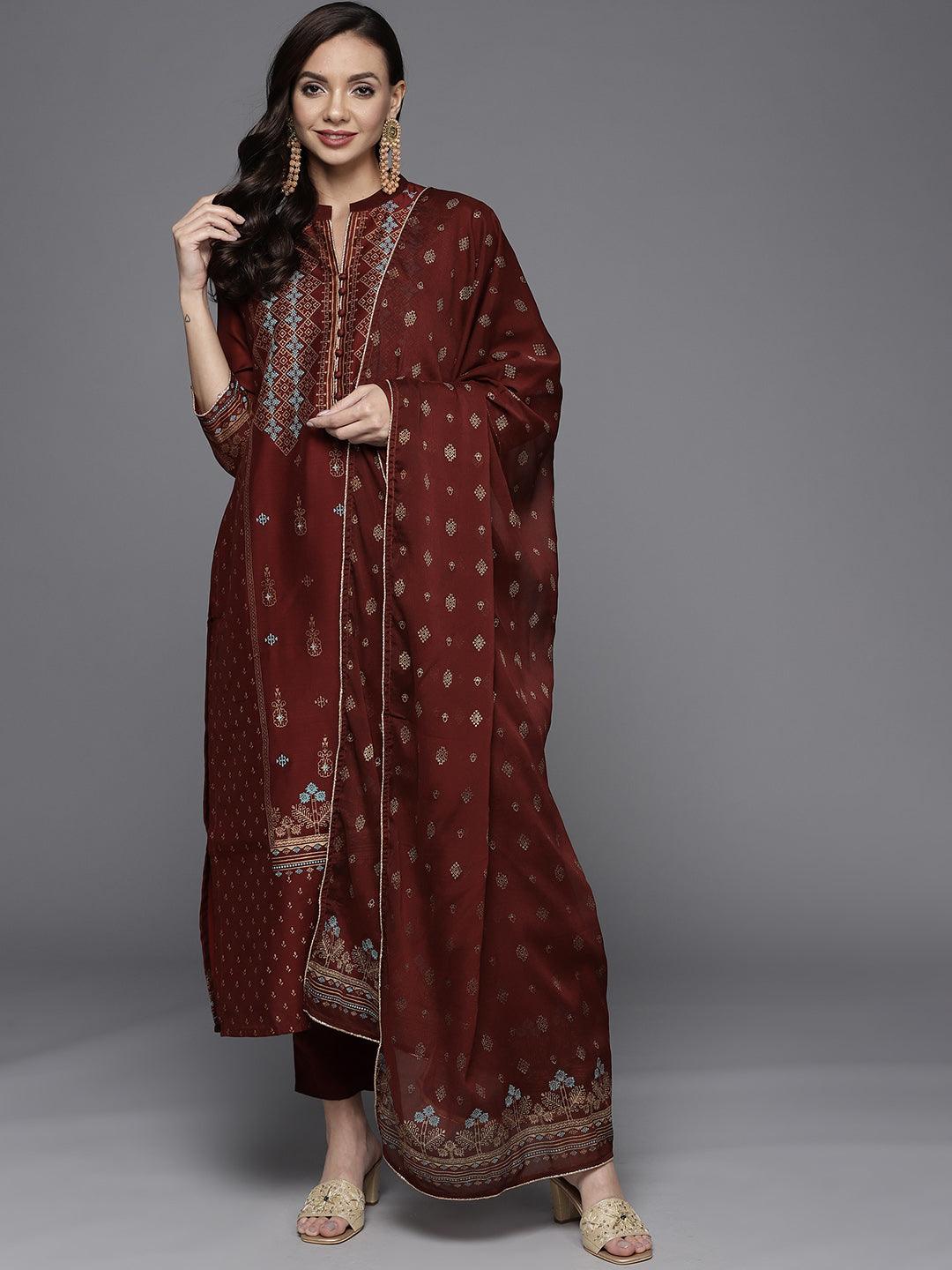 Maroon Printed Chanderi Silk Suit Set - Libas