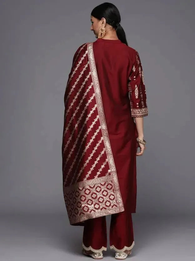 Maroon Printed Chanderi Silk Straight Suit Set - Libas