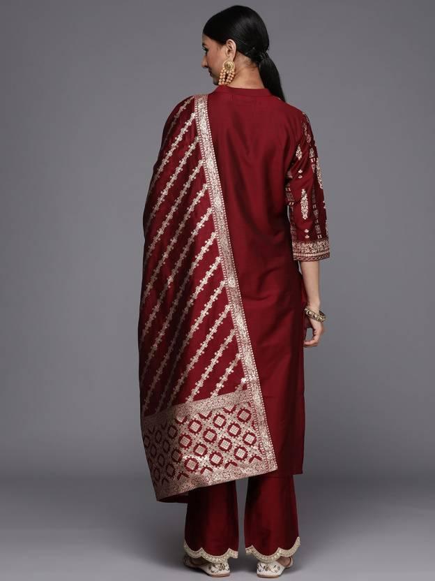 Maroon Printed Chanderi Silk Straight Suit Set - Libas
