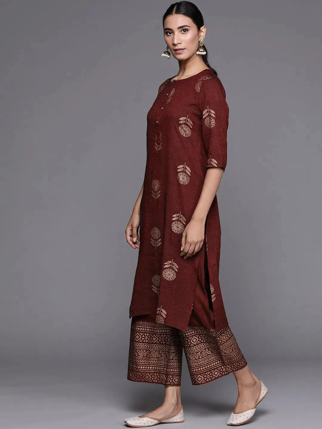 Maroon Printed Chanderi Silk Suit Set - Libas 