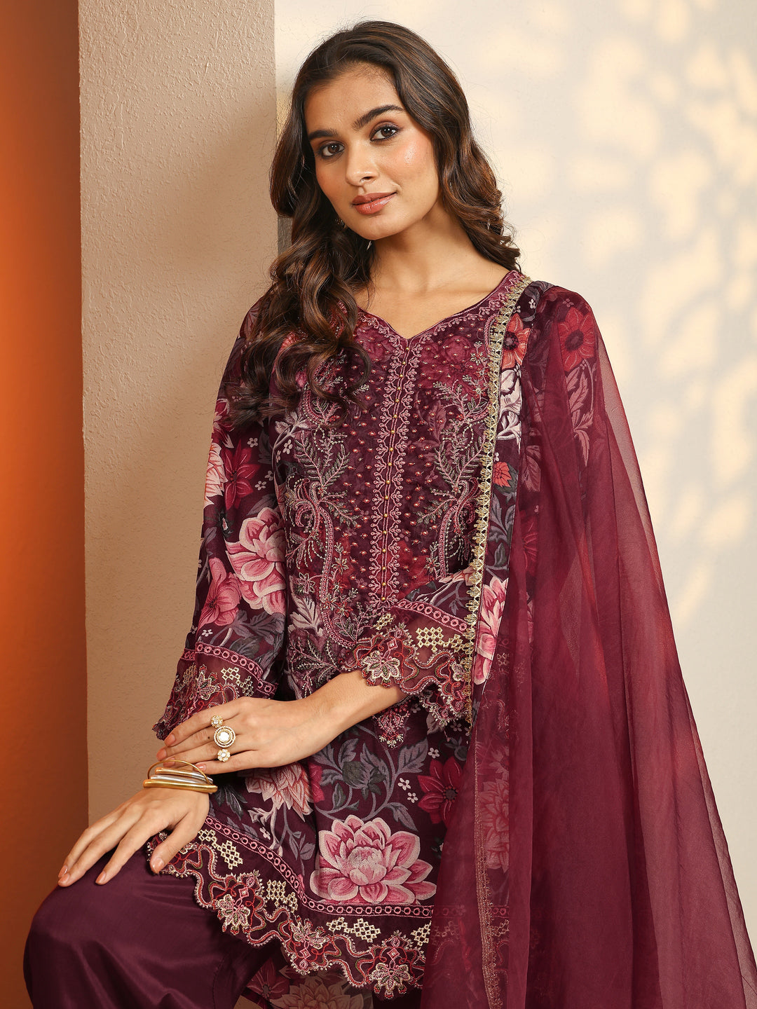 Maroon Printed Chinon Straight Suit Set With Dupatta