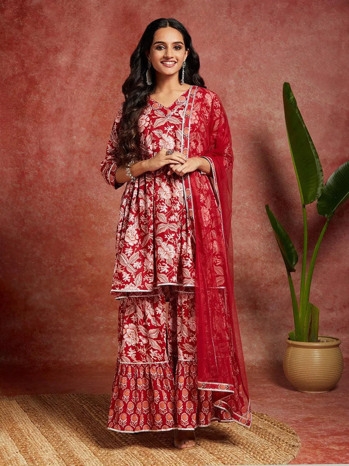 Maroon Printed Cotton A-Line Kurta With Sharara & Dupatta - Libas