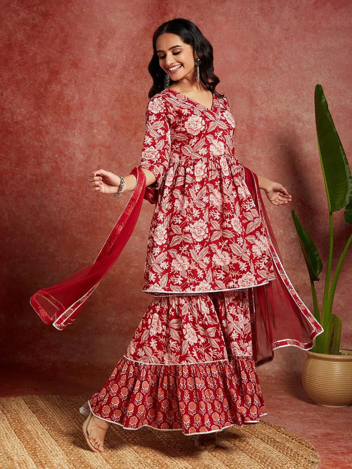 Maroon Printed Cotton A-Line Kurta With Sharara & Dupatta - Libas