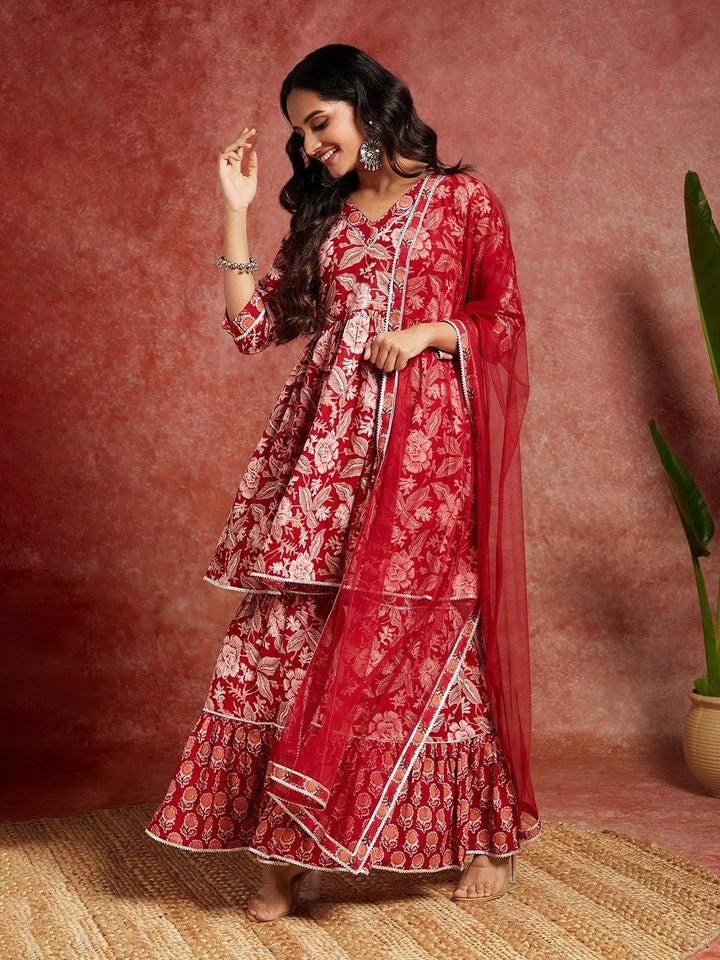 Maroon Printed Cotton A-Line Kurta With Sharara & Dupatta - Libas