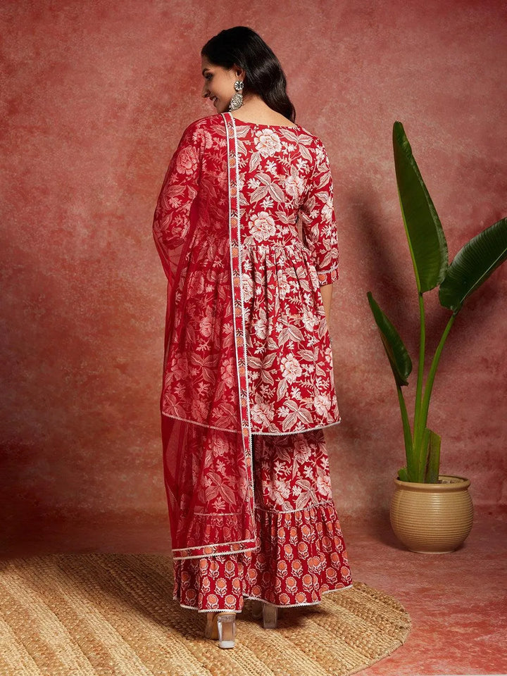 Maroon Printed Cotton A-Line Kurta With Sharara & Dupatta - Libas