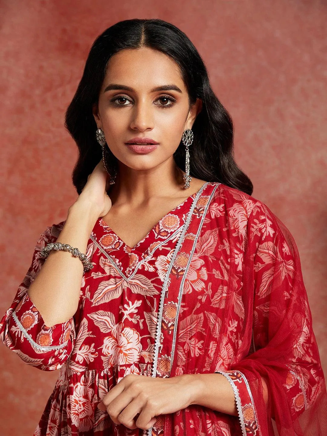 Maroon Printed Cotton A-Line Kurta With Sharara & Dupatta - Libas 