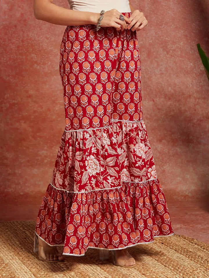 Maroon Printed Cotton A-Line Kurta With Sharara & Dupatta - Libas