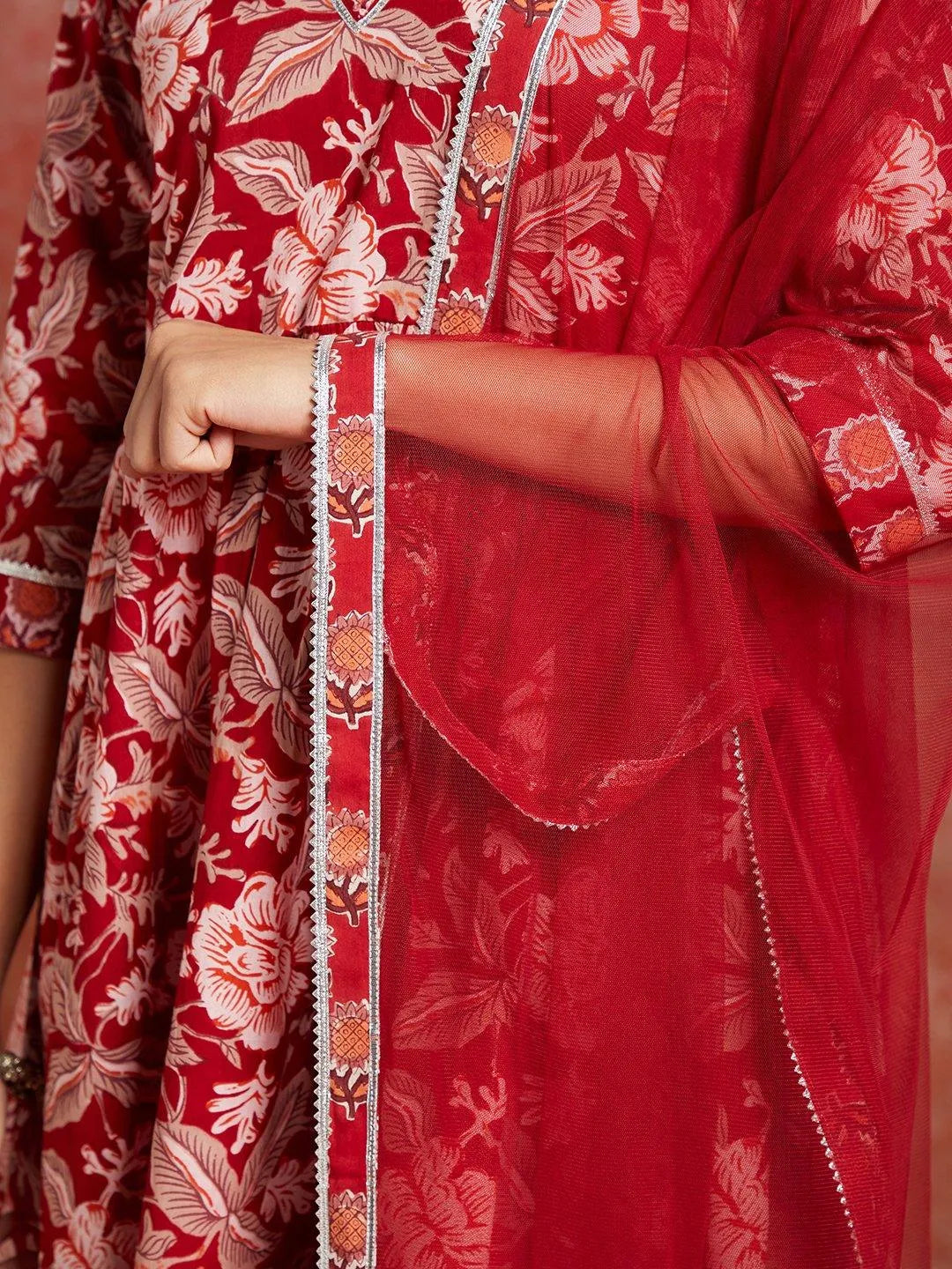 Maroon Printed Cotton A-Line Kurta With Sharara & Dupatta - Libas 