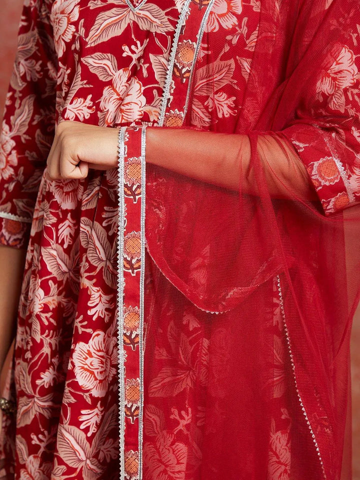 Maroon Printed Cotton A-Line Kurta With Sharara & Dupatta - Libas