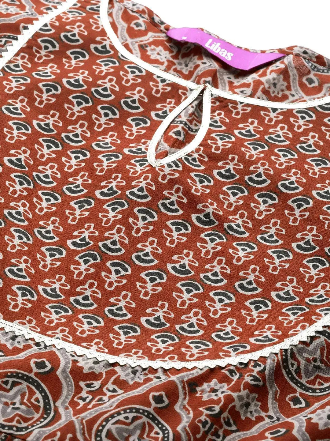 Maroon Printed Cotton Anarkali Kurta - Libas 