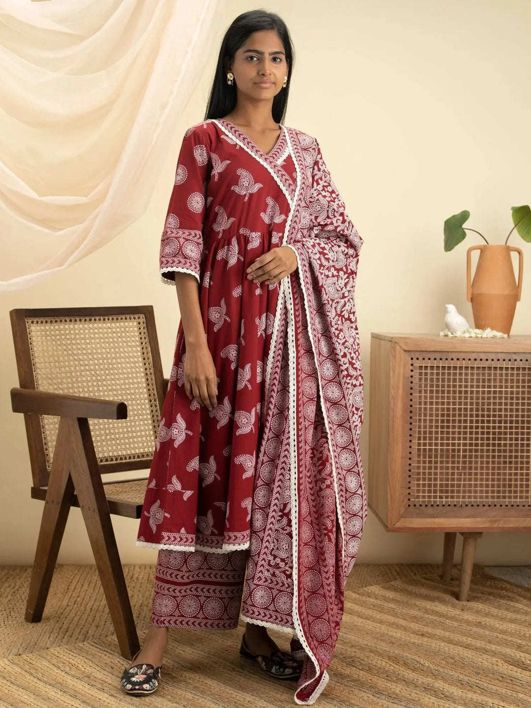 Maroon Printed Cotton Suit Set - Libas